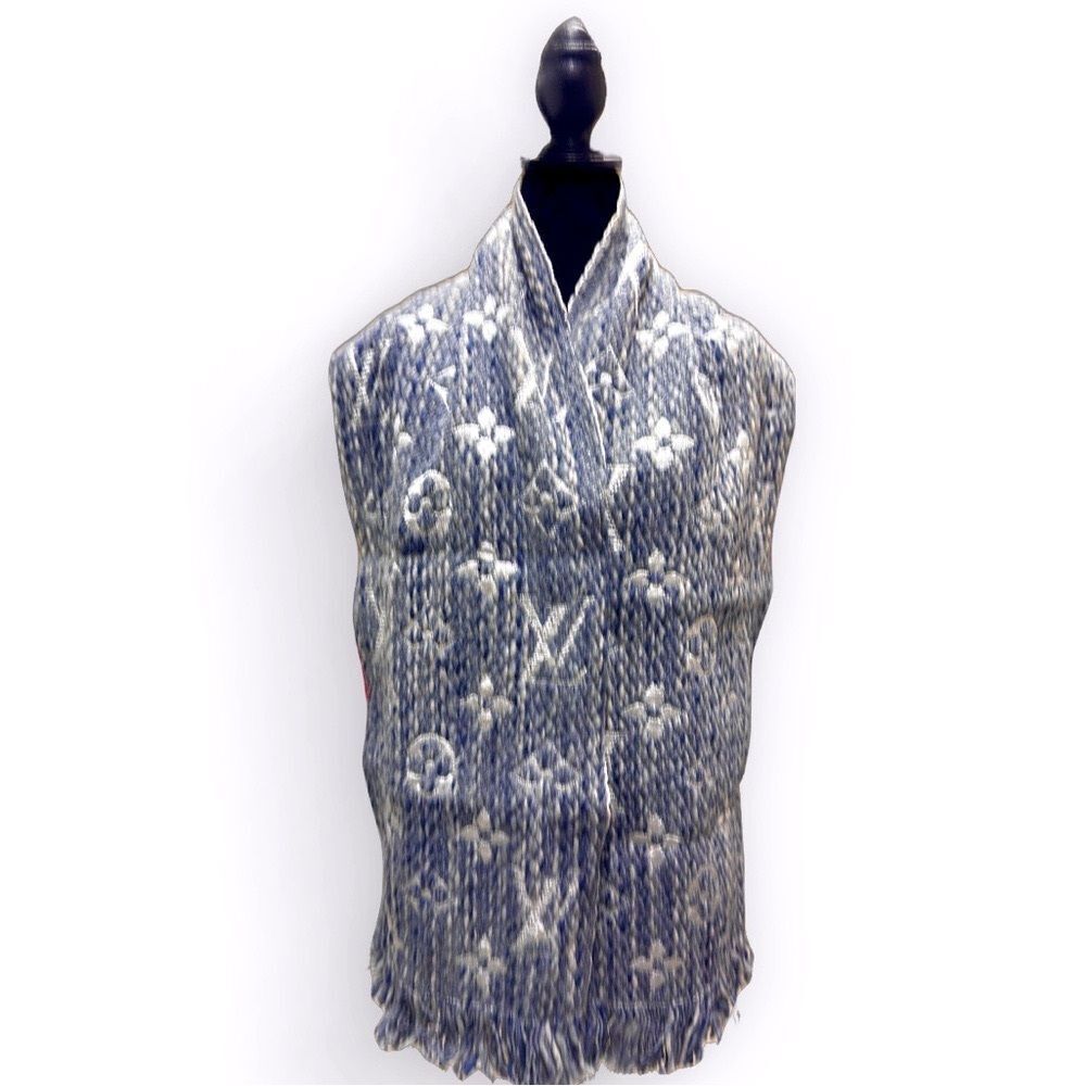 Auth Louis Vuitton Monogram Denim Blue Escharpe Logomania Scarf Muffler Stole - Picture 4 of 9